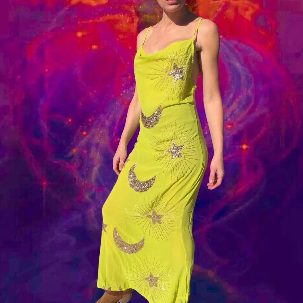 Celestial Moon & Star Beaded Lime Sheer Slip Dress Whimsigoth Cosmic Goddess